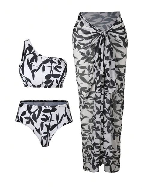SHEIN Swim Curve Plus Size Women Floral Print One Shoulder Bikini Set With Sarong And Skirt