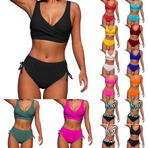 Bikini Femme Noir Torsadé Taille Haute Col V Élégant Maillots de