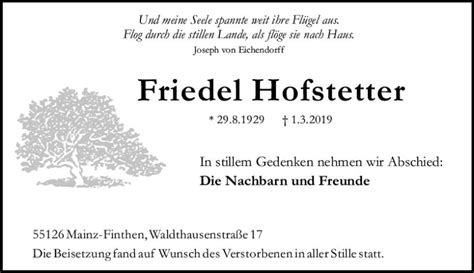 Traueranzeigen Von Friedel Hofstetter Vrm Trauer De