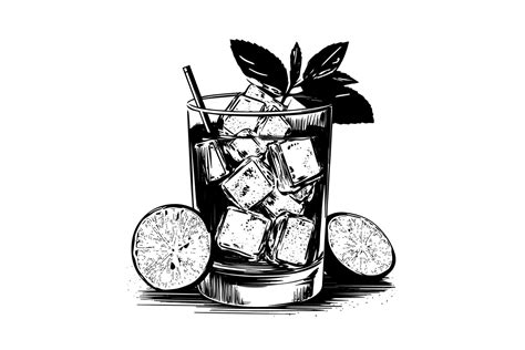 Alcoholic Cocktail Engraved Isolated Drink Vector Illustration Black