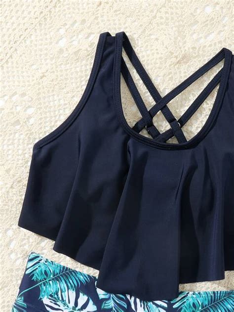 Girls Tropical Print Lattice Back Hanky Trim Bikini Swimsuit Shein Uk