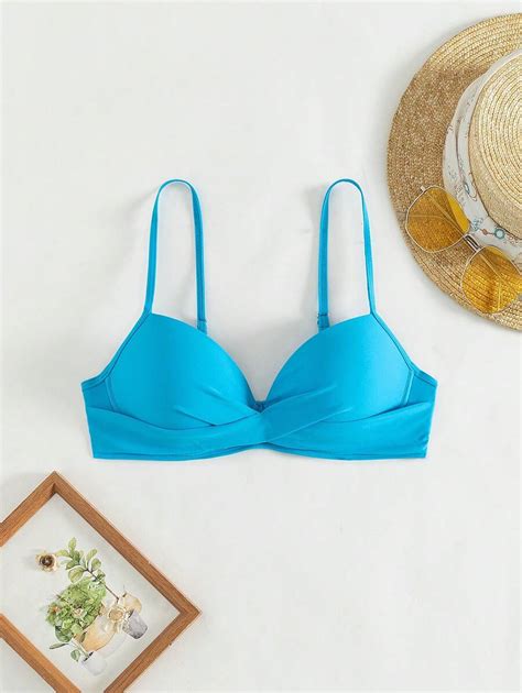 Shein Swim Top De Bikini Cruzado En El Pecho De Unicolor Para Mujeres Para Playa En Verano