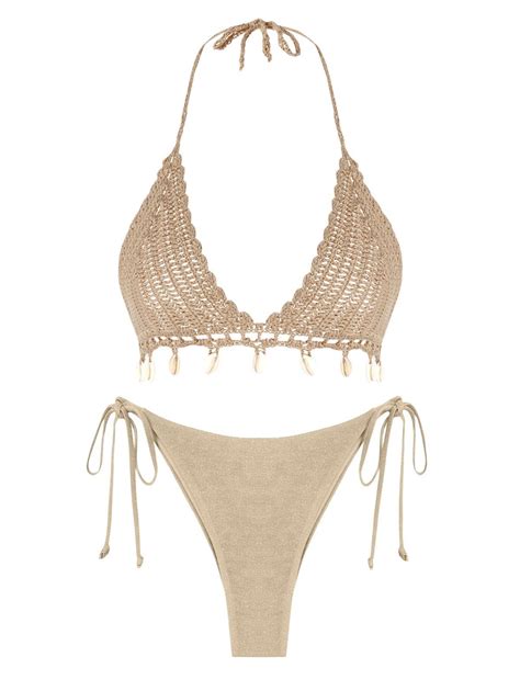 ZAFUL Women Crochet Bikini Set Sexy Triangle Swimsuit Tie Back Halter Two Pieces Cheeky Bathing