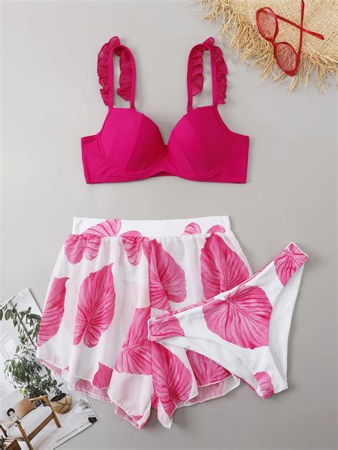 SHEIN Swim Conjunto De Piezas Para Playa En Verano Con Bikini De Estampado De Hojas Y Con