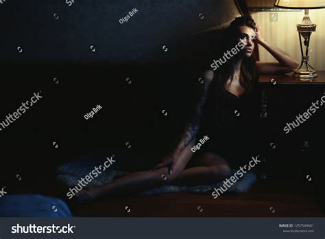 Gorgeous Sad Tattooed Lady Black Lingerie Stock Photo Shutterstock