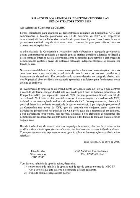 Exerc Cio Auditor Independente Relat Rio Dos Auditores Independentes