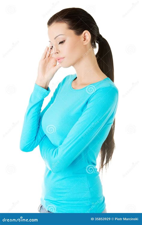 Beautiful Casual Woman Touching Her Temple Stock Image Image Of Healthy Pain 35853929