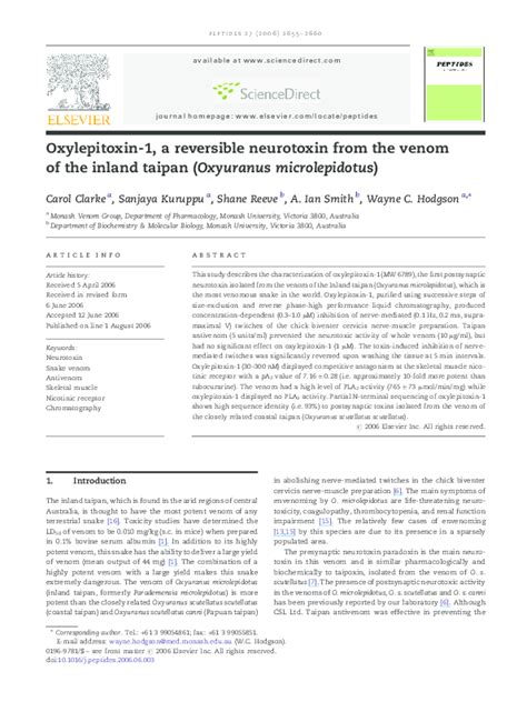 (PDF) Oxylepitoxin-1, a reversible neurotoxin from the venom of the inland taipan (Oxyuranus ...