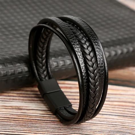 New Trendy Genuine Leather Bracelets Men Stainless Steel Multilayer