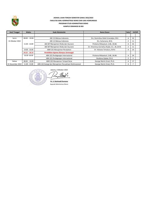 Jadwal Uts Prodi Administrasi Bisnis Semester Ganjil