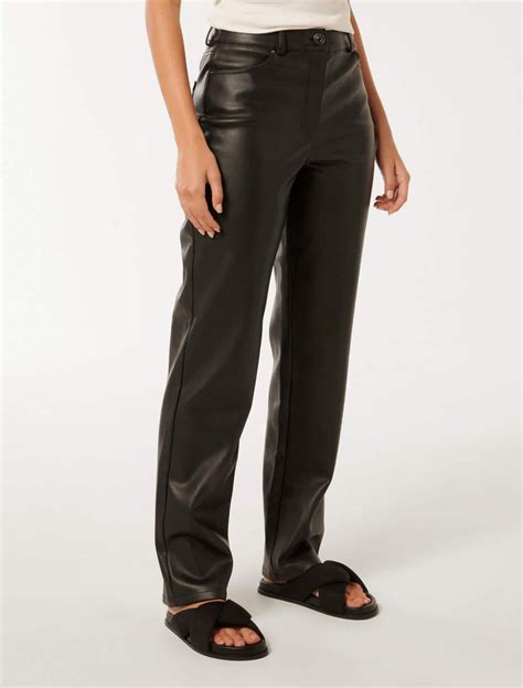 Una Vegan Leather Straight Leg Pants Black Forever New