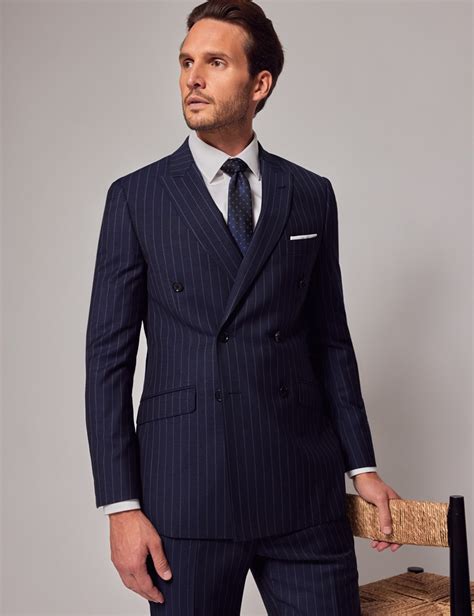 Men S Navy Chalk Stripe Double Breasted Slim Fit Suit Jacket Hawes