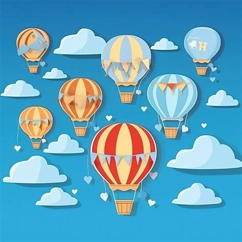 Premium Photo Baby Shower Banner With Cartoon Hot Air Balloon Helium Balloons And Clouds On