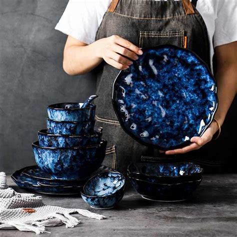 Japanese Porcelain Ceramic Dinner Set Dishes Plates Irregular Blue Kiln ...