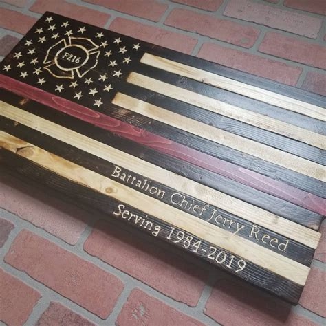 Rustic Wooden American Flag Thin Red Line With Maltese Cross Etsy