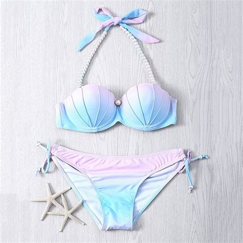 Bikini Womens Mermaid Set Pearl Shell Swimwear Bra Push Padded Swimsuit