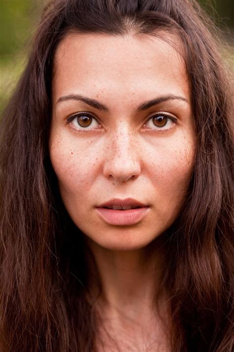 Portrait Of Brunette Woman With Freckles Stock Image Image Of Beauty Freckle