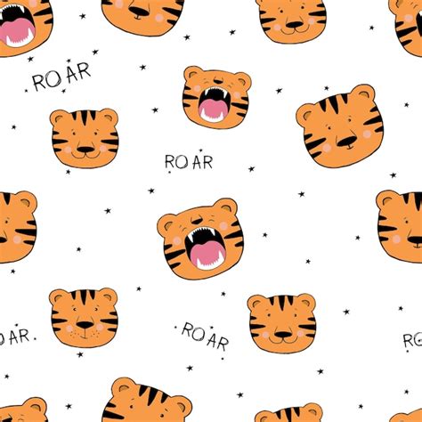 Premium Vector Cute Head Tigers Seamless Funny Pattern With Cartoon