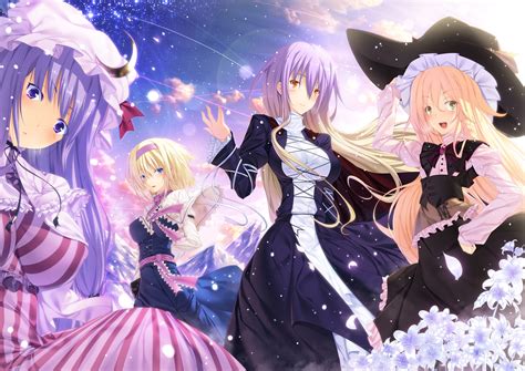 Alice Margatroid Blonde Hair Blue Eyes Blush Braids Clouds Flowers Group Hat Headband Hijiri