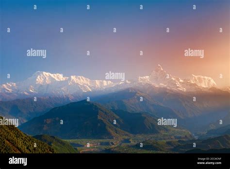 Annapurna Massif Aerial Panoramic View From Sarangkot Hill Viewpoint In