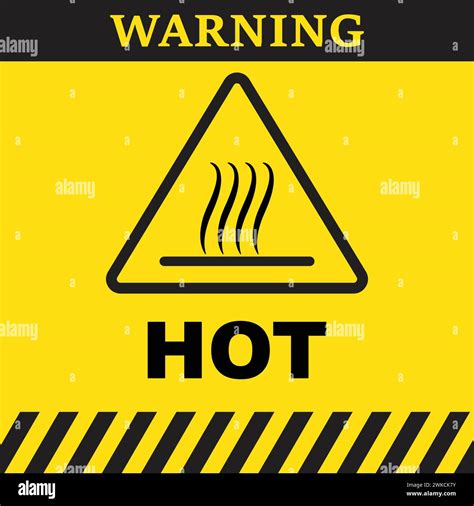 Warning Hot Surface And High Temperature Symbol In A Triangle On Yellow Background With Text