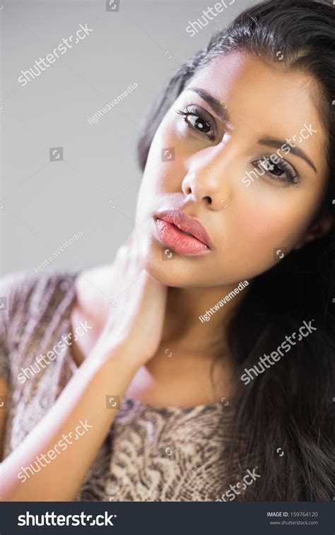 Sexy Beautiful Brunette Touching Neck Looking Stock Photo