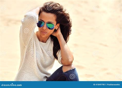 Brunette Woman Sitting On A Beach Stock Photo Image Of Light Relax 41849798