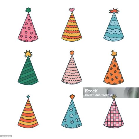 Cute Set With Birthday Party Hat In Bright Color With Pompon Above Party Cone Christmas Cap With