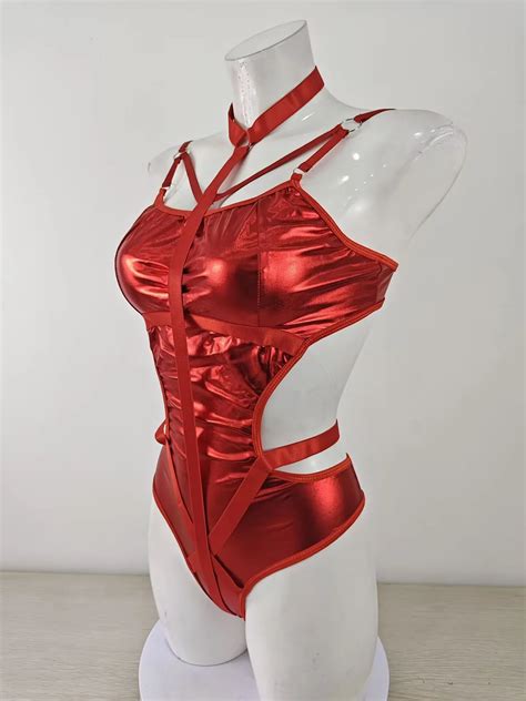 Mature Erotic Woman Sexy Lingerie Patent Leather Hollow Bodysuit Gaming Teddy Lingerie Bodysuits