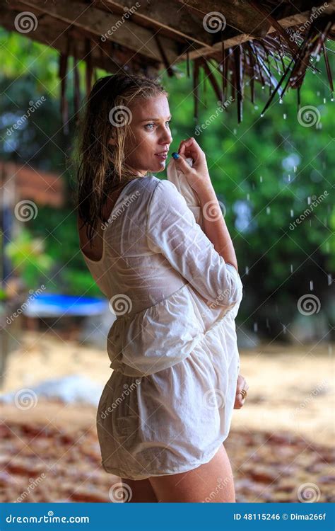 Blonde Woman At The Beach Under The Rain Stock Photo Image Of Style Blond 48115246