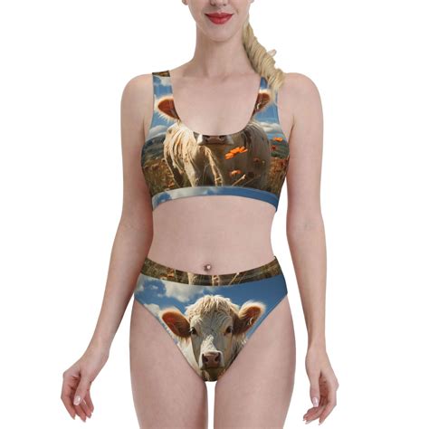 Kdxio Daisy Meadow Cow For Womens High Waisted Bikini Top Sports Style Two Piece Bathing Suits