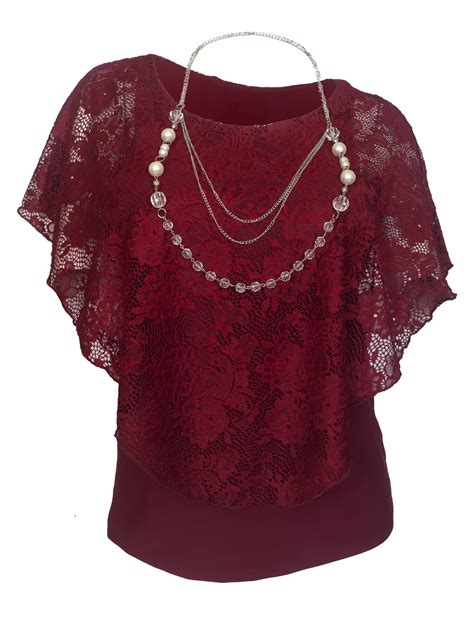 Evogues Plus Size Layered Poncho Top Floral Lace Burgundy 18927