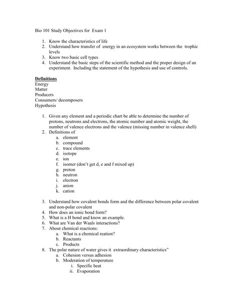 Bio 101 Study Guide Exam 1