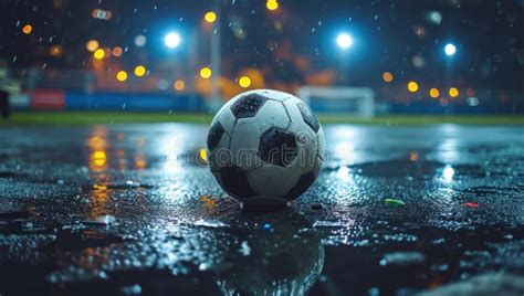 A Soccer Ball Sitting On An Empty Field At Night Stock Illustration