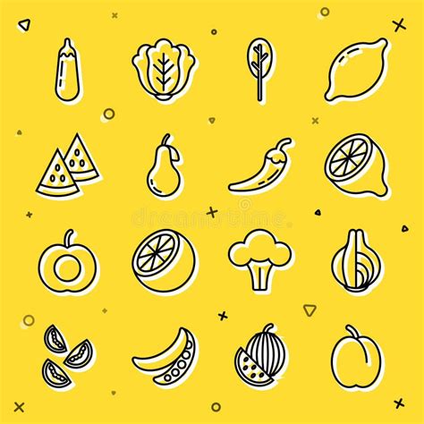 Set Line Plum Fruit Onion Lemon Spinach Pear Watermelon Eggplant And Hot Chili Pepper Pod