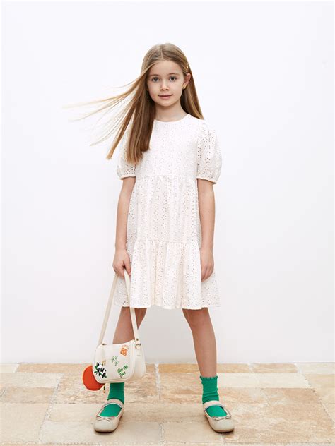 Crew Neck Scalloped Detailed Short Sleeve Girl Dress -S36578Z4-FDY ...