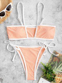 ZAFUL Ribbed Cutout Tie Binding Tanga Bikini Swimwear In LIGHT ORANGE ZAFUL