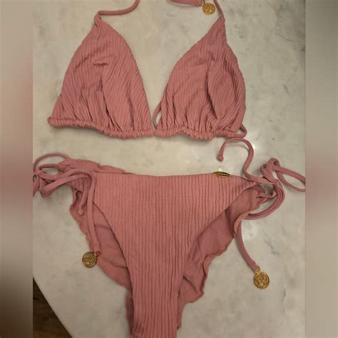 Luli Fama Pink And Gold Bikini Set With Ribbed Texture Gem