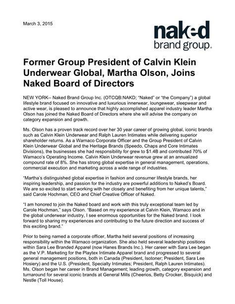 Former Group President Of Calvin Klein Underwear Global Martha Olson Joins Naked Board Of