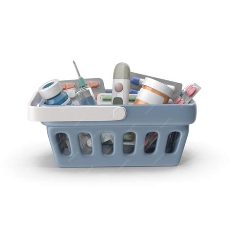 Shopping basket filled with medical supplies pills and medications for