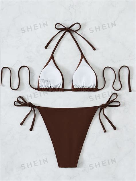 Shein Swim Basics Summer Beach Halter Triangle Bra Tie Side Swim Bottom Bikini Bathing Suit