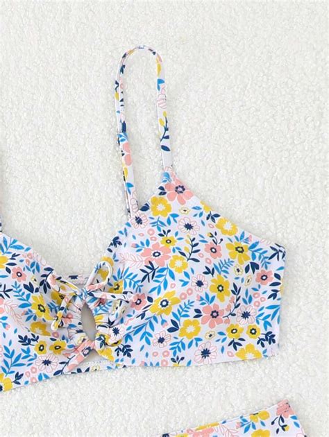 Teen Girl Summer Beach Ditsy Floral Bikini With Hollow Cover Up Pants Bikini Set SHEIN South