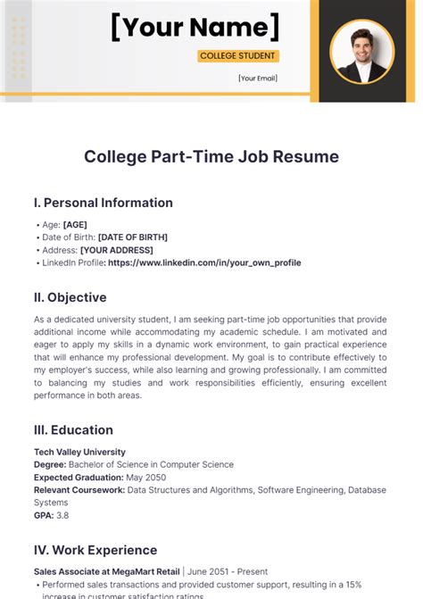 Free College Part-Time Job Resume Template to Edit Online