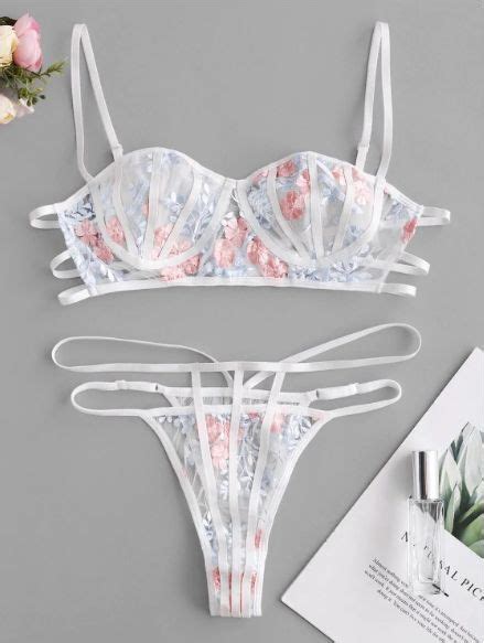 Lace Flower Embroidered Caged Bralette Lingerie Set