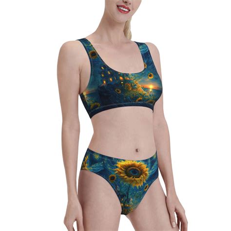 Tebeau Sunflower Castle Starry Sky Print Bikini Set For Women Two Piece Swimsuit Bandeau Top