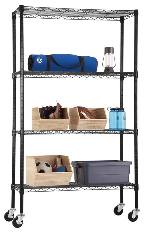 Homehours Black Wire Shelving With Wheels 4 Tier Adjustable Storage