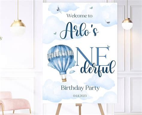 Personalised Blue Onederful Hot Air Balloon Birthday Party Welcome Sign A A Or A Etsy In