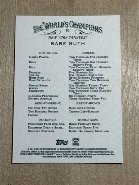 Yankees De New York Hof Babe Ruth Topps Allen Ginter Eur
