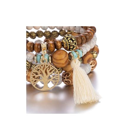 Houten Kralen Set Van Armbanden Boom Van Het Leven Dames Armband Wit