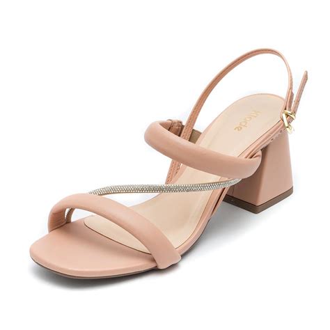 Sandália Feminina Salto Grosso Nude Tiras Brilho Klode